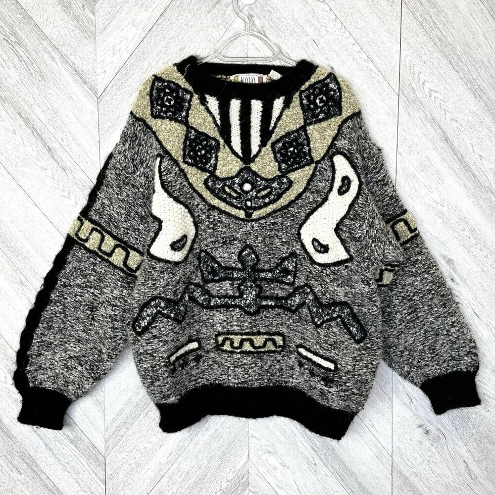 Vintage Sweater Mens Large Textured 3D Knit Pullover Acrylic Mohair Crew Neck